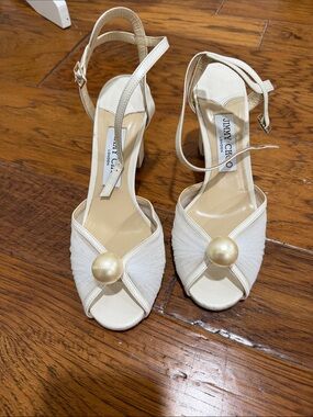 Jimmy Choo Cream Open-Toe Heeled Sandals with Pearl Detail